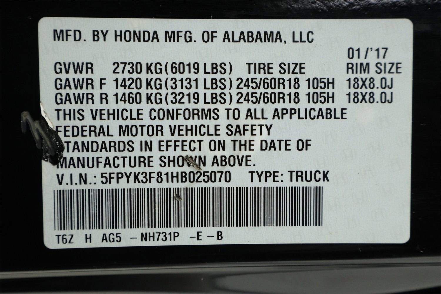 2017 Honda Ridgeline Black Edition